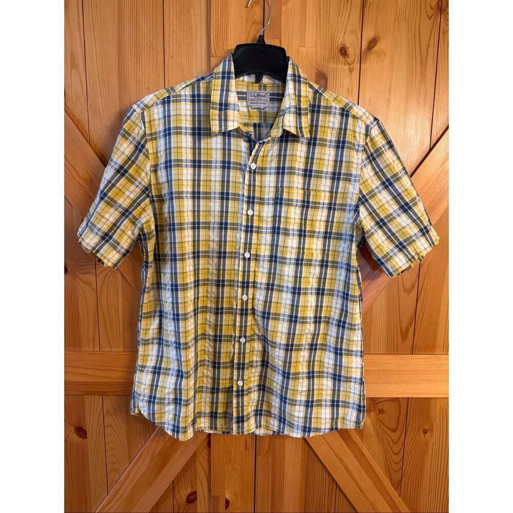 L.L.Bean 100% Cotton Short Sleeve Yellow Plaid Button Up Shirt READ Size XL (733